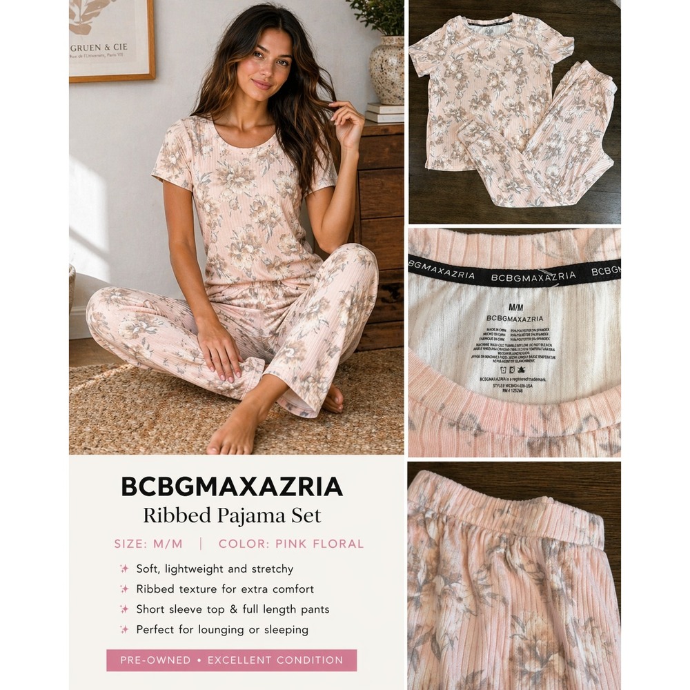 BCBGMAXAZRIA Ribbed Pajama Set Womens Medium Pink Floral Short Sleeve Pants‎ 2PC